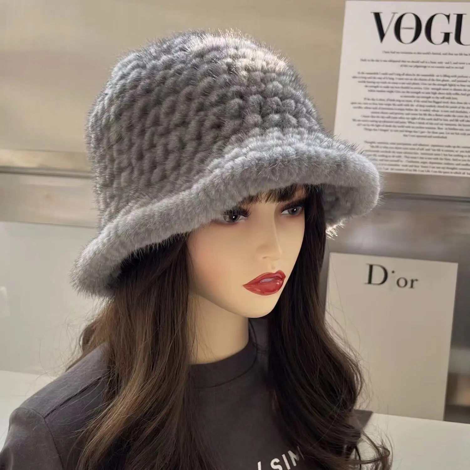 Damen Wintermütze aus 100% Echtem Nerzfell, Bombermütze, Echte Nerzfellmütze, Weiche Flauschige Naturfell-Bucket-Hat – Detail 16
