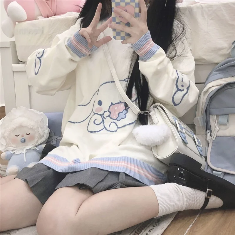 Sanrio Lolita Student Kawaii Clothes Cinnamoroll Japanese Preppy Style Versatile Cute Soft Girl Pullover Knitwear Jk Coat Women