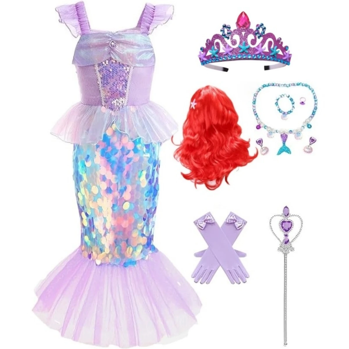 Little Mermaid Costume Kids Girls Princess Dressing up Party Fancy Dress Halloween Cosplay Childs Holiday Birthday Outfit