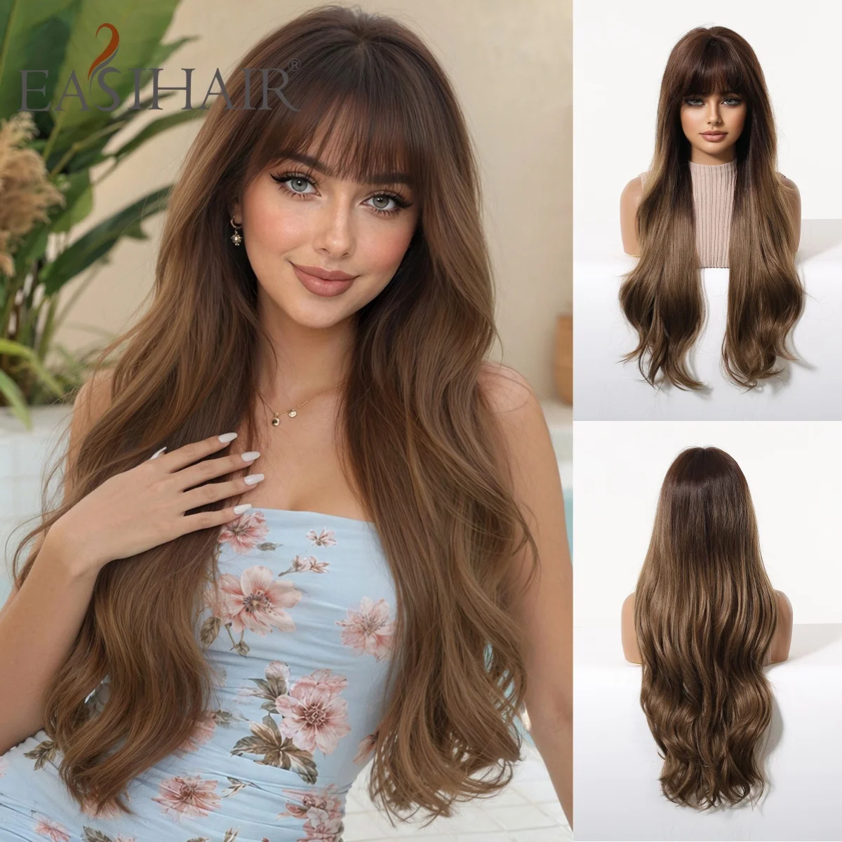 Brown Ombre Long Wavy Synthetic Wig with Bangs Heat Resistant Natural Looking Soft Hair for Women Daily Wear Party Cosplay Use