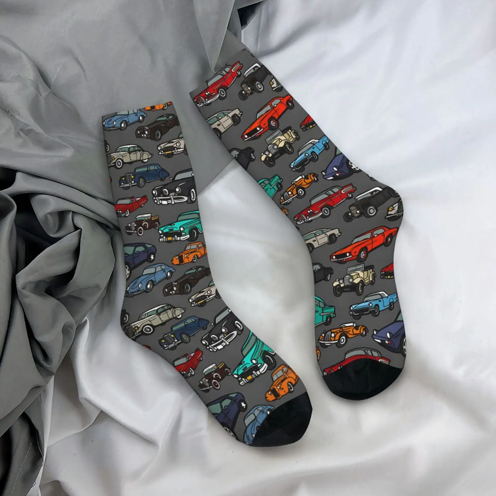 1 Pair Happy Funny Car Pattern - Car Clip Art - Gray Retro Harajuku Hip Hop Novelty Casual Funny Crazy Sock