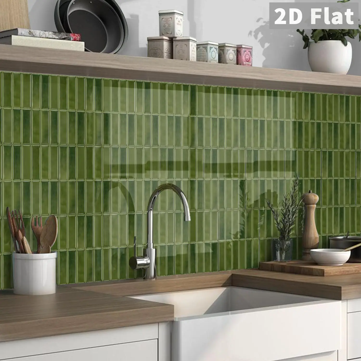 14pcs Self-adhesive wall tile stickers, olive green strip mosaic tile pattern