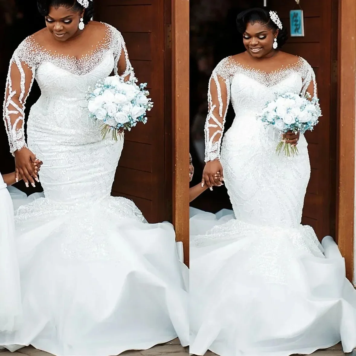 Personalizado plus size branco sereia vestidos de casamento frisado lantejoulas rendas mangas completas cetim vintage elegante vestidos de noiva vestido