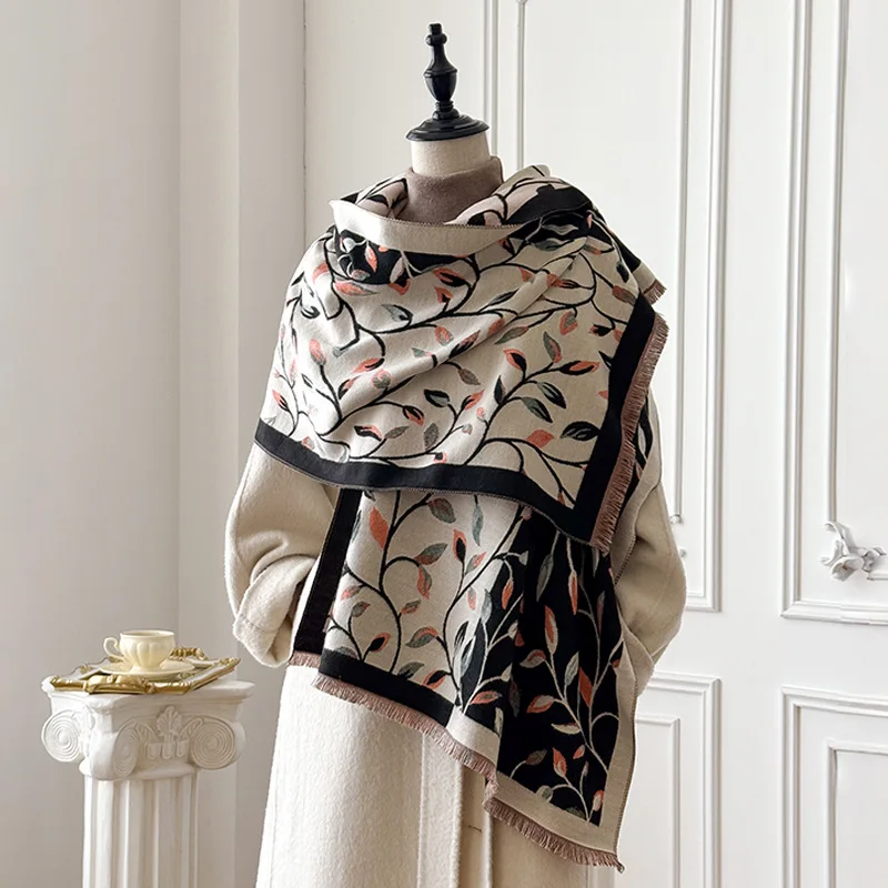

Корейский акриловый шарф с узором в виде листьев для женщин, новая осенне-зимняя мода, универсальная толстая шаль с бахромой, стильный дизайн.