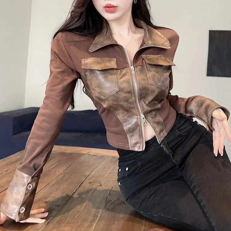 Vintage Lapel Neck Zpper Jackets Women Y2k Sexy Crop Top Slim Fit Bottoming New Long Sleeve Tops Mujer Graphic T Shirts