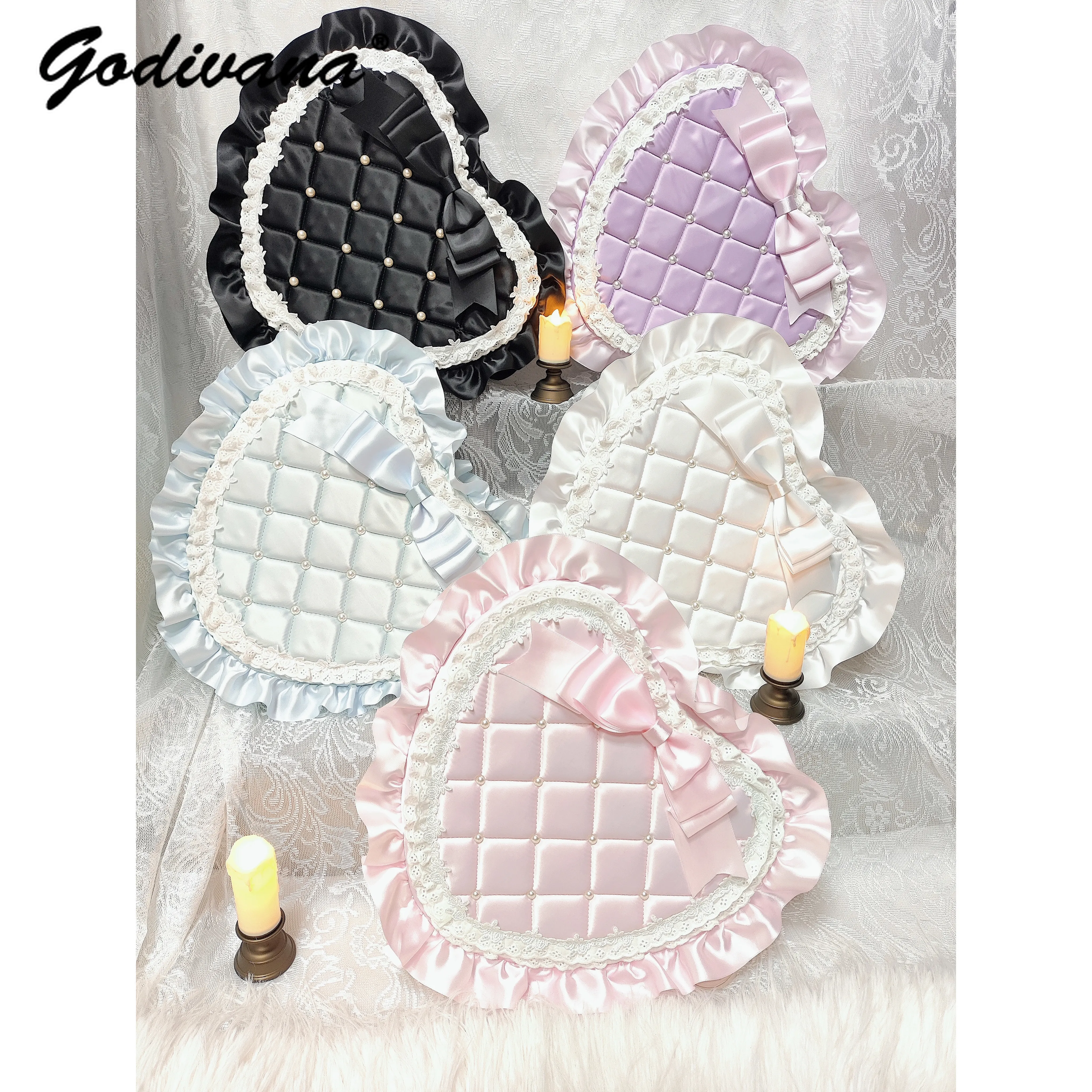 Large Capacity Heart Shape 2-in-1 Handbag Backpack Satin Bow Sweet Lolita Women Shoulder Bag Kawaii Daily Travel Daypack