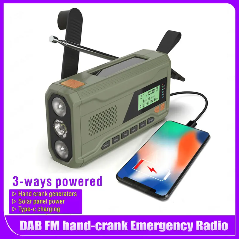 Portable DAB FM Radio with Flashlight BT Speaker Hand Crank Radio Emergency Weather Radio for Outdoor Camping Emergency