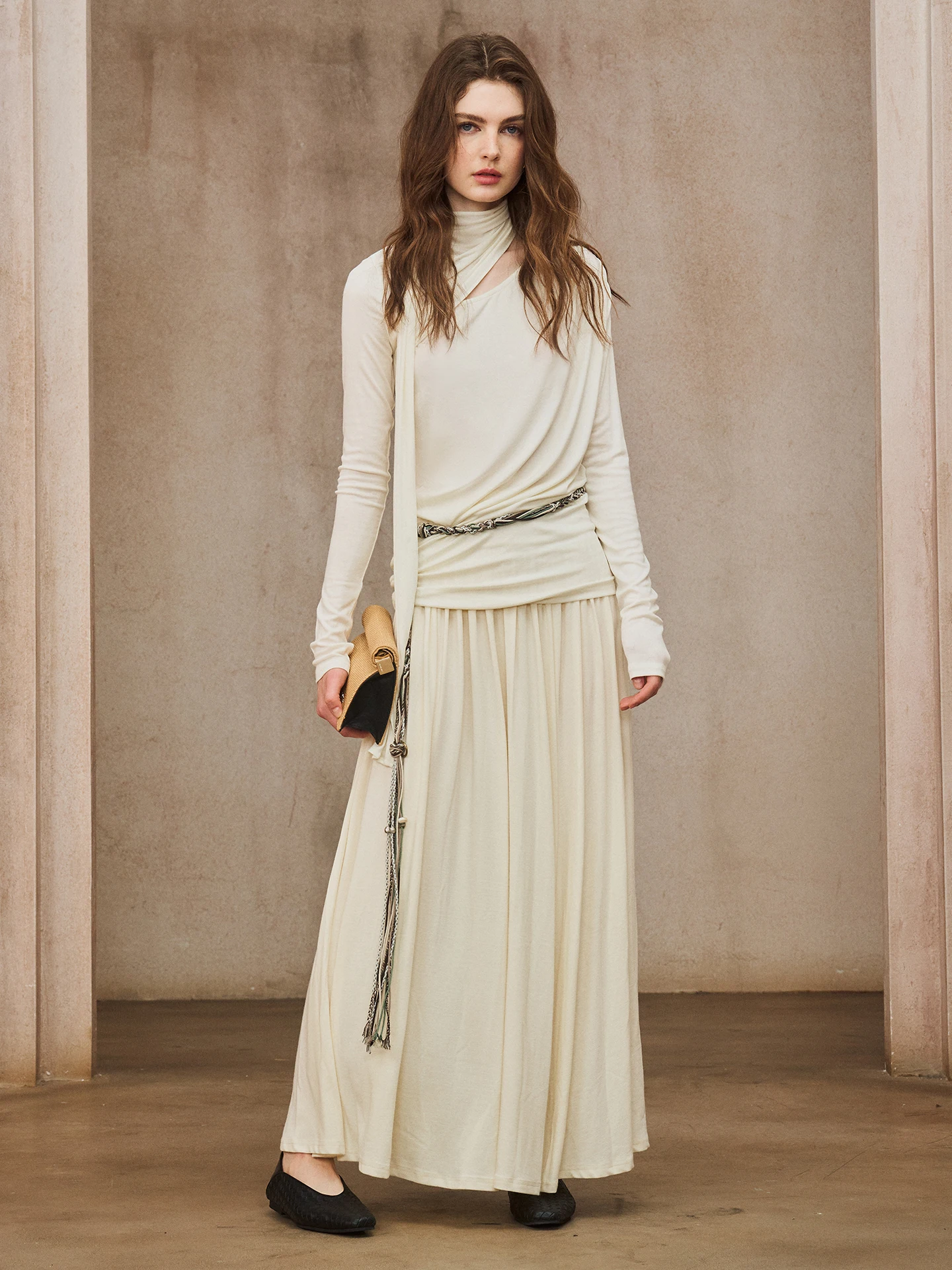 Miorastudio Vintage Cream White Pleated Midi Skirt High Waist Slimming Draping Long Skirts French Style Cotton Polyester Blend
