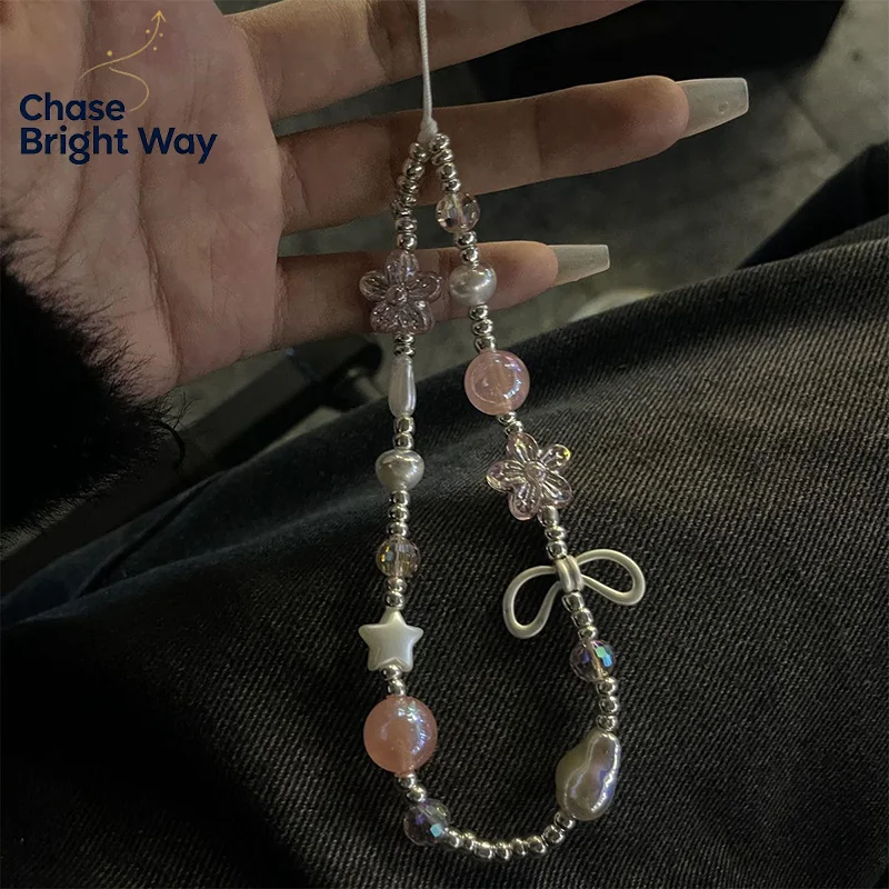 Y2K Butterfly Clear Bead Phone Strap Charm Chain Knot Cellphone Lanyard Keychain Bag Camera Bowknot Pendant For  Cover