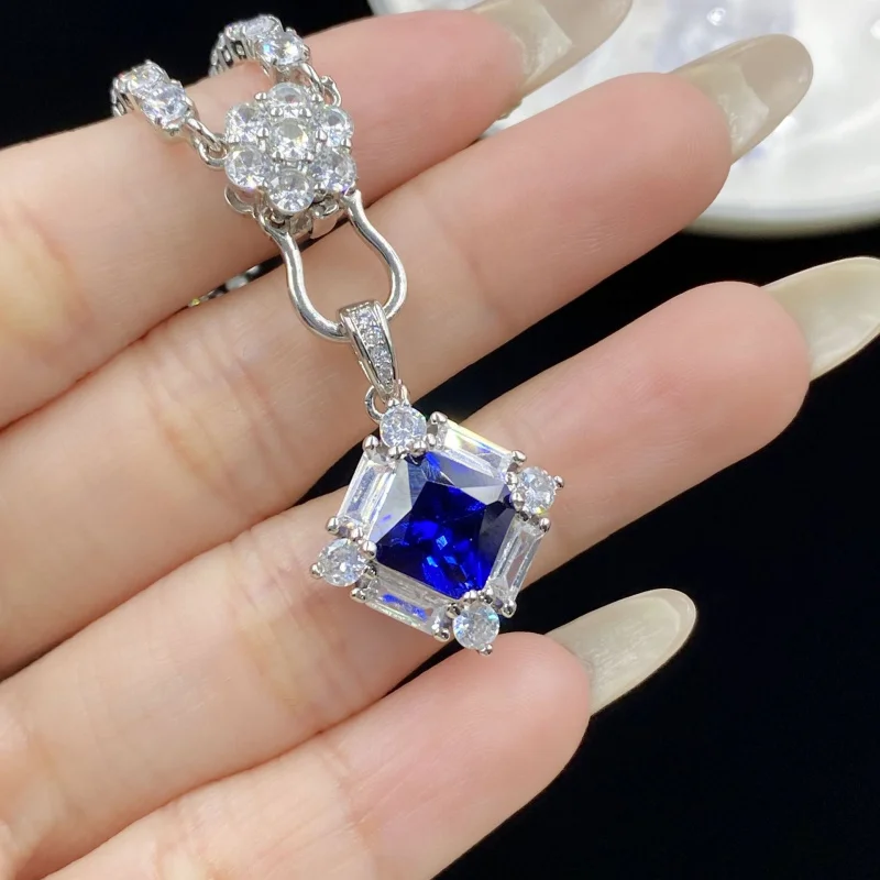 Blue Spinel Fluorescent Light Color-Changing Princess Cut Full Diamond Fashion Pendant Open Ring Women Earring Set