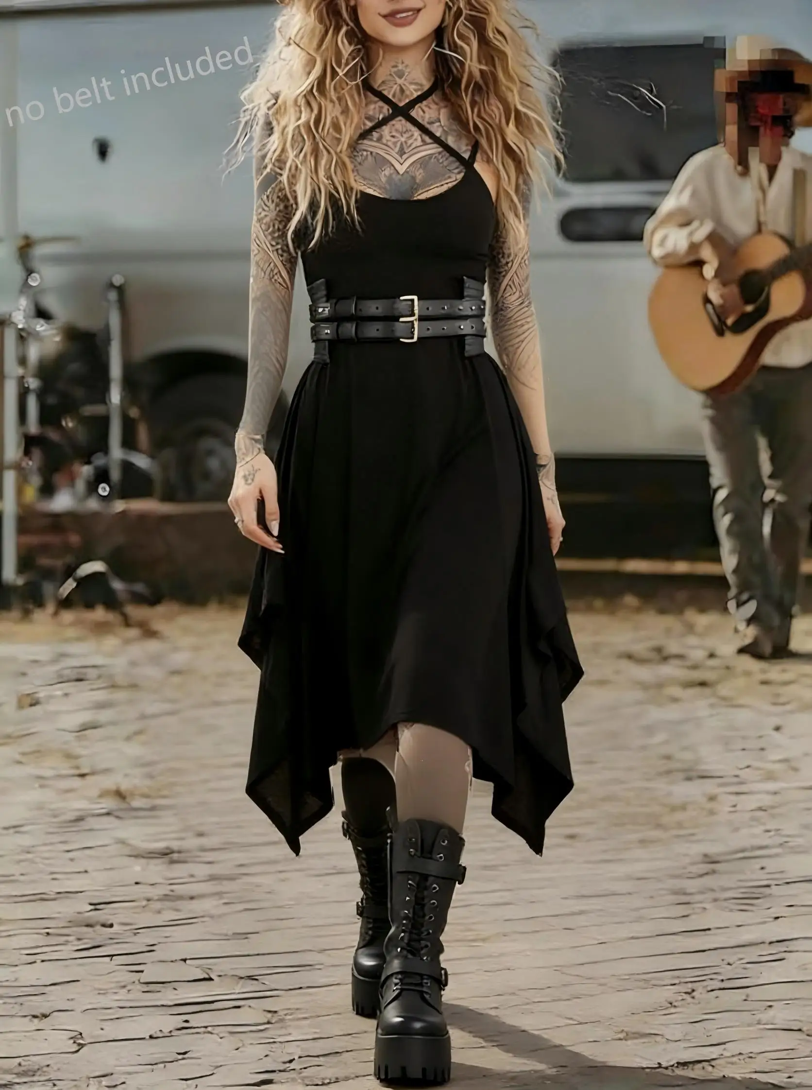 Western  Summer Dark Punk Gothic Cami Dress, Waist‑cinching Slim‑fit Irregular Hem Dress, Goth Party Outfit (Belt Not Included
