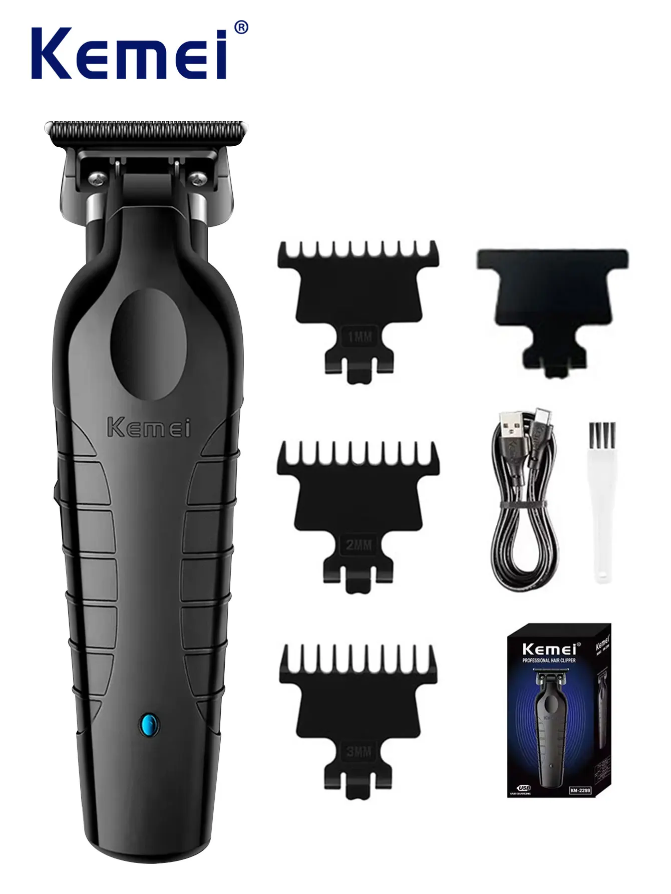 Kemei KM-2299 Rechargeable Cordless Hair Trimmer USB Fast charging Barber Hair Cutter Machine Black Men's Electric Hair Clippers