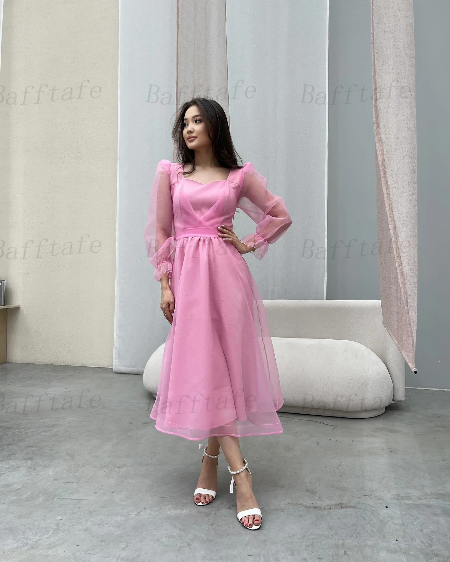 Bafftafe Customized Pink Organza Prom Dresses Long Sleeves Ankle Length Midi Formal Evening Dress Women Special Occasion Gowns