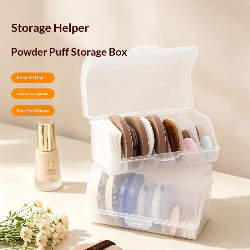 Transparent Plastic Makeup Powder Puff Storage Box With Dustproof Lid Multi Grids For Daily Makeup Travel Use