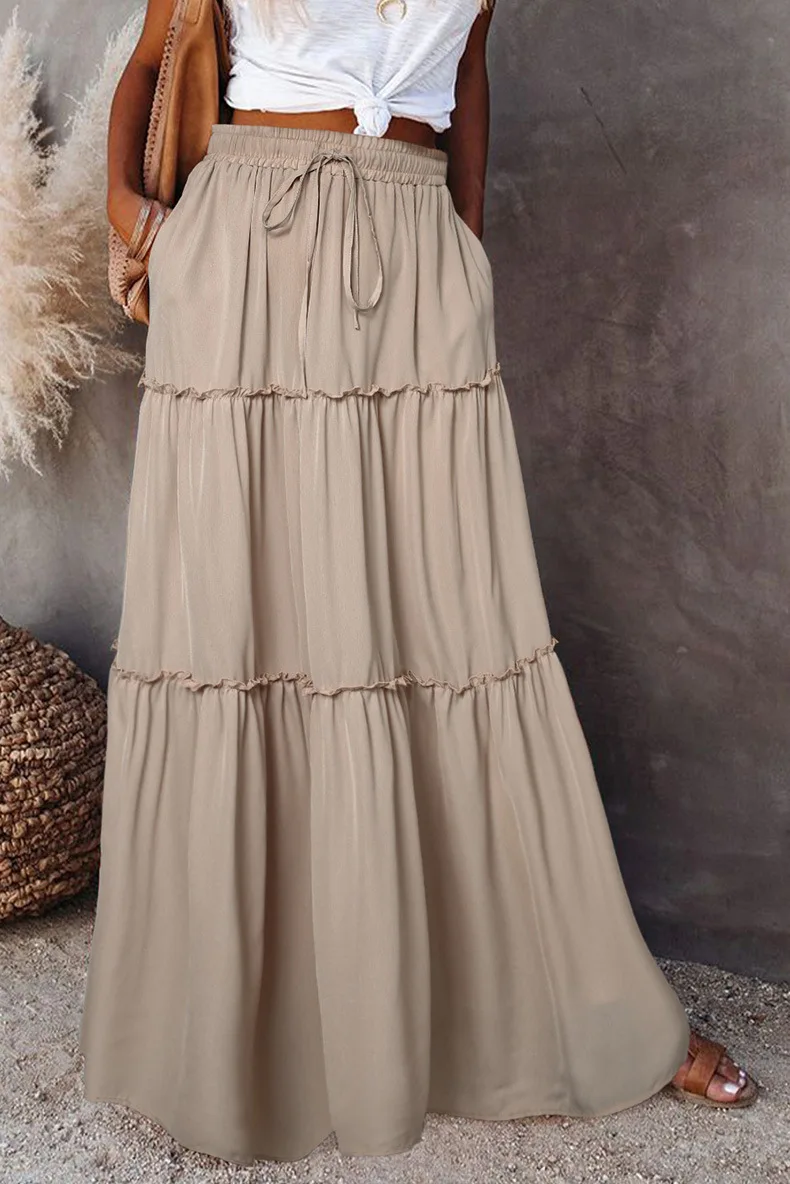Women's Spring Autumn Elegant Pleated Skirt For Women With Elastic Waist Loose Fit A-Line Long Skirt High Waist Ruffle Skirts