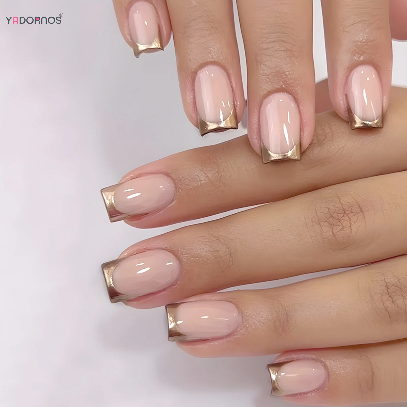 

Nude Color Fake Nails Simple Charms Press on Nails Gold French Tips False Nails for Women and Girls DIY Manicure at Home