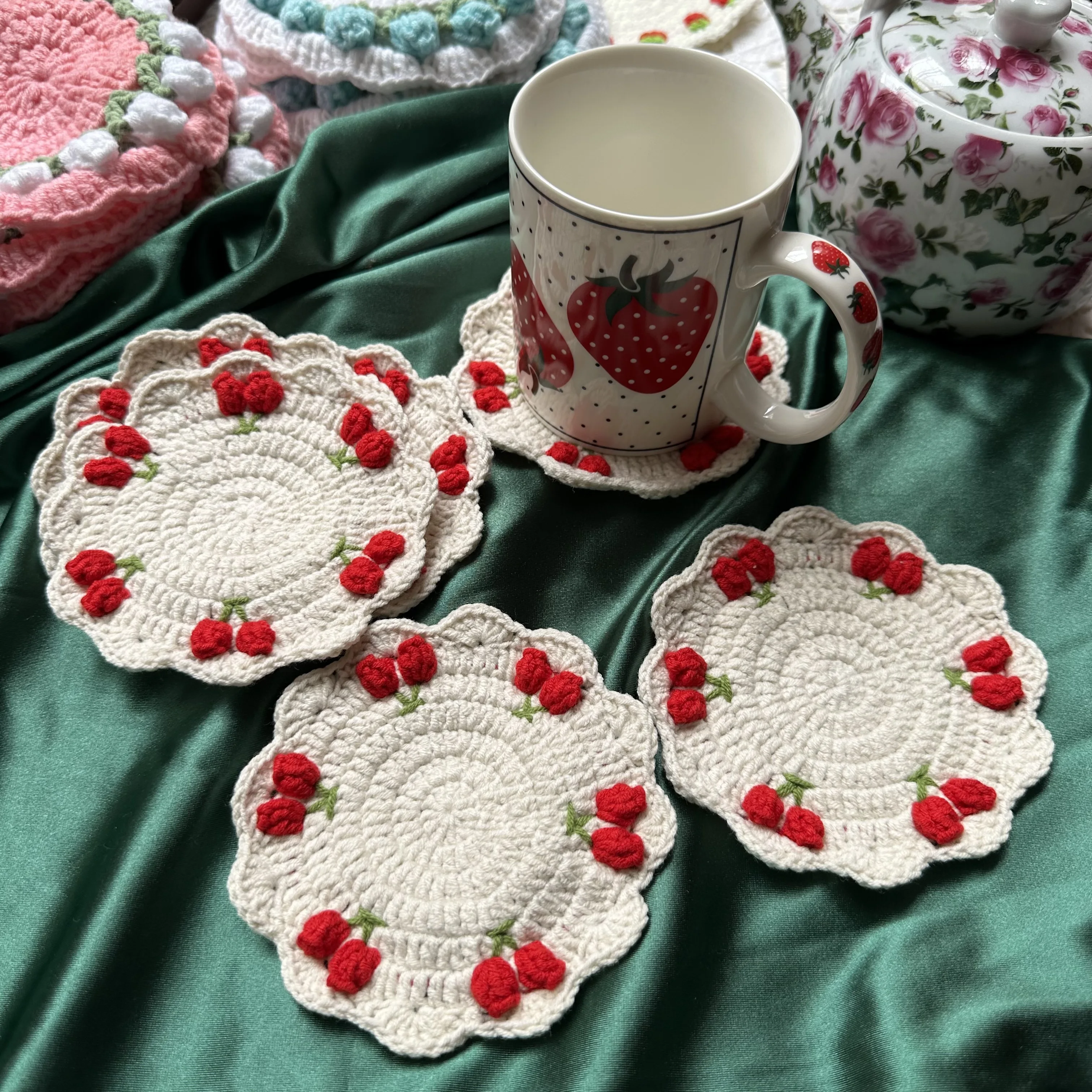 13CM Coaster Handmade Strawberry Red Cherry Wool Crochet Flower Square Piece Coaster Placemat Decoration Handmade Crochet Cup