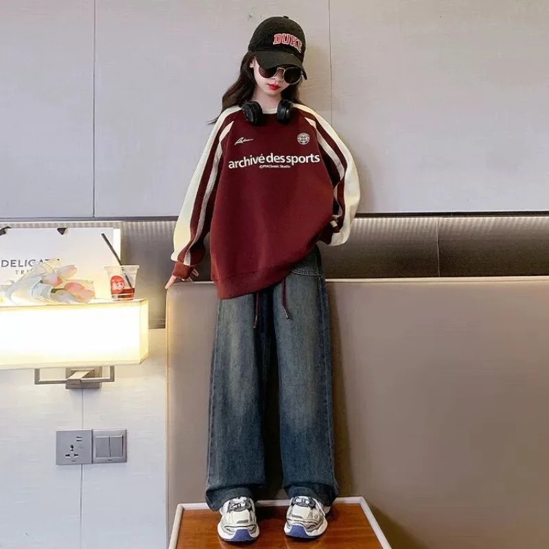 

Girls' 2025 New Spring/Autumn Winter Fleece-Lined Color-Block Ribbon Trim Crewneck Top for Tween Big Kids