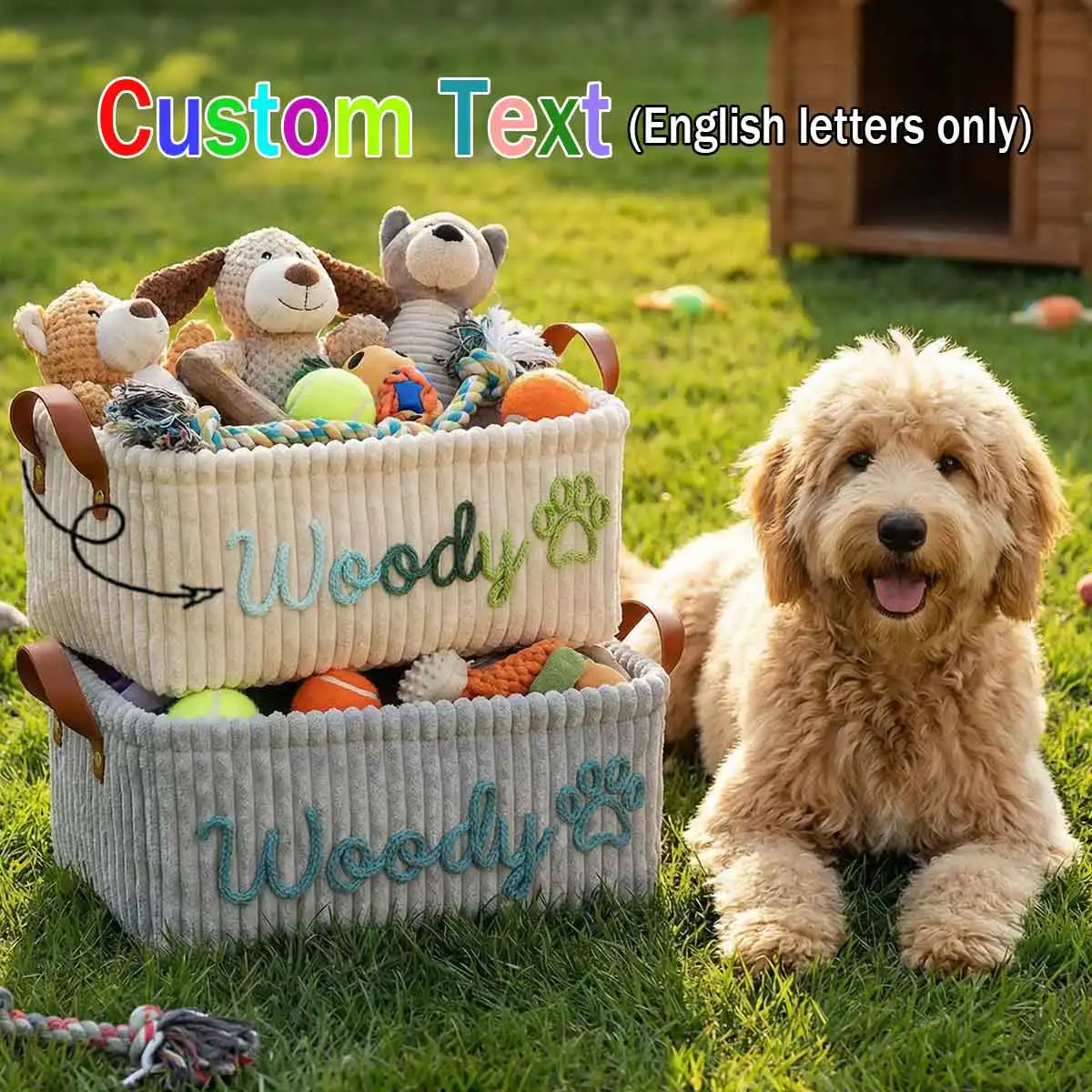 Personalized Handmade Embroidered Pet Storage Box – Custom Dog & Cat Toy Organizer and Home Storage Basket with Name