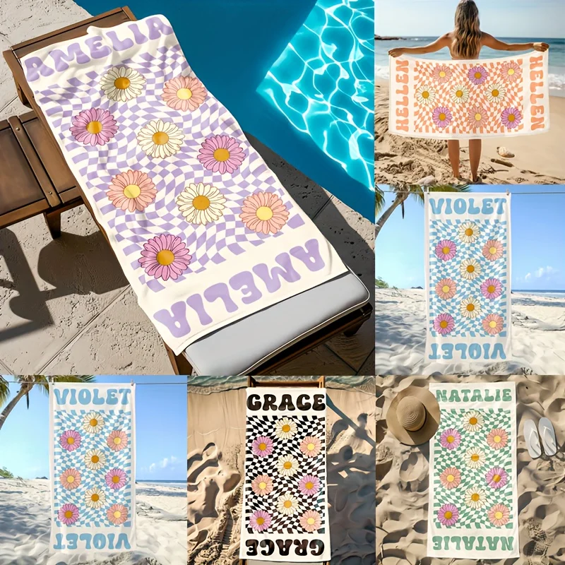 Toalla de Playa Personalizada con Diseño de Margaritas y Cuadros, con Nombre y Logotipo Personalizados, de Microfibra, Delgada y Absorbente, para Playa, Natación, Yoga, Baño y Deportes
