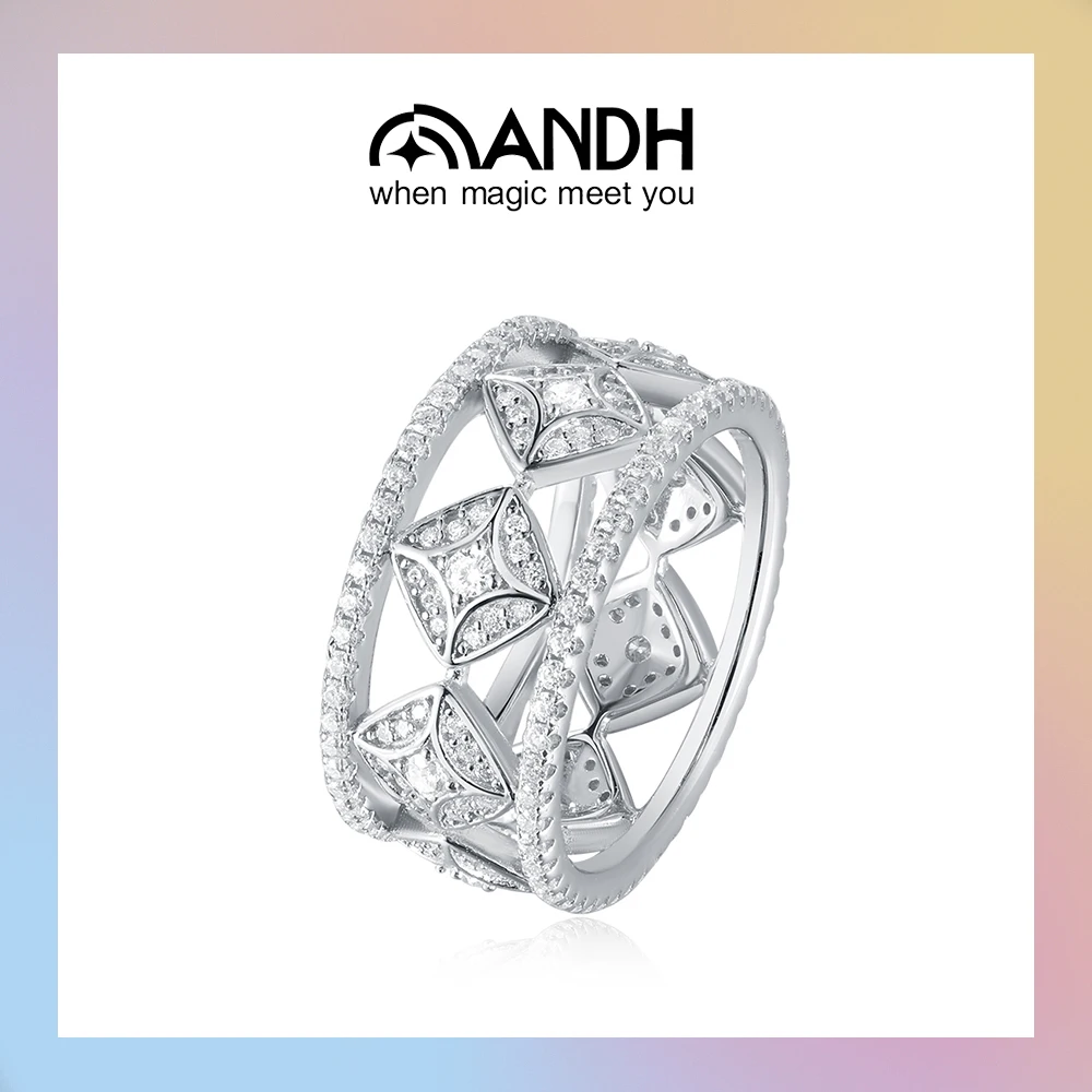 

ANDH D Color VVS1 Moissanite Ring for Women White Gold Plated Sparkling Stars Hollow Design Ring Party Daily Jewelry Gift