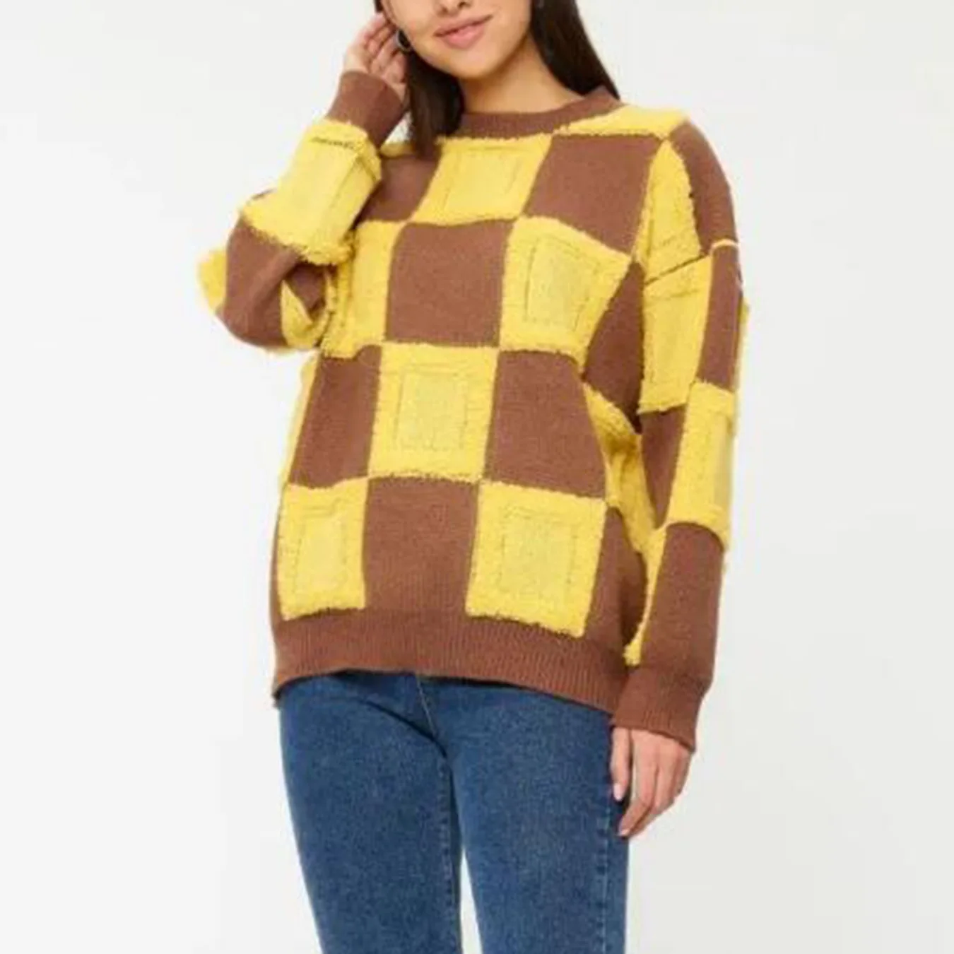 2023 Women's Sweater Autumn/Winter New Casual Plaid Round Neck Long Sleeve Checkerboard Knit Pullover