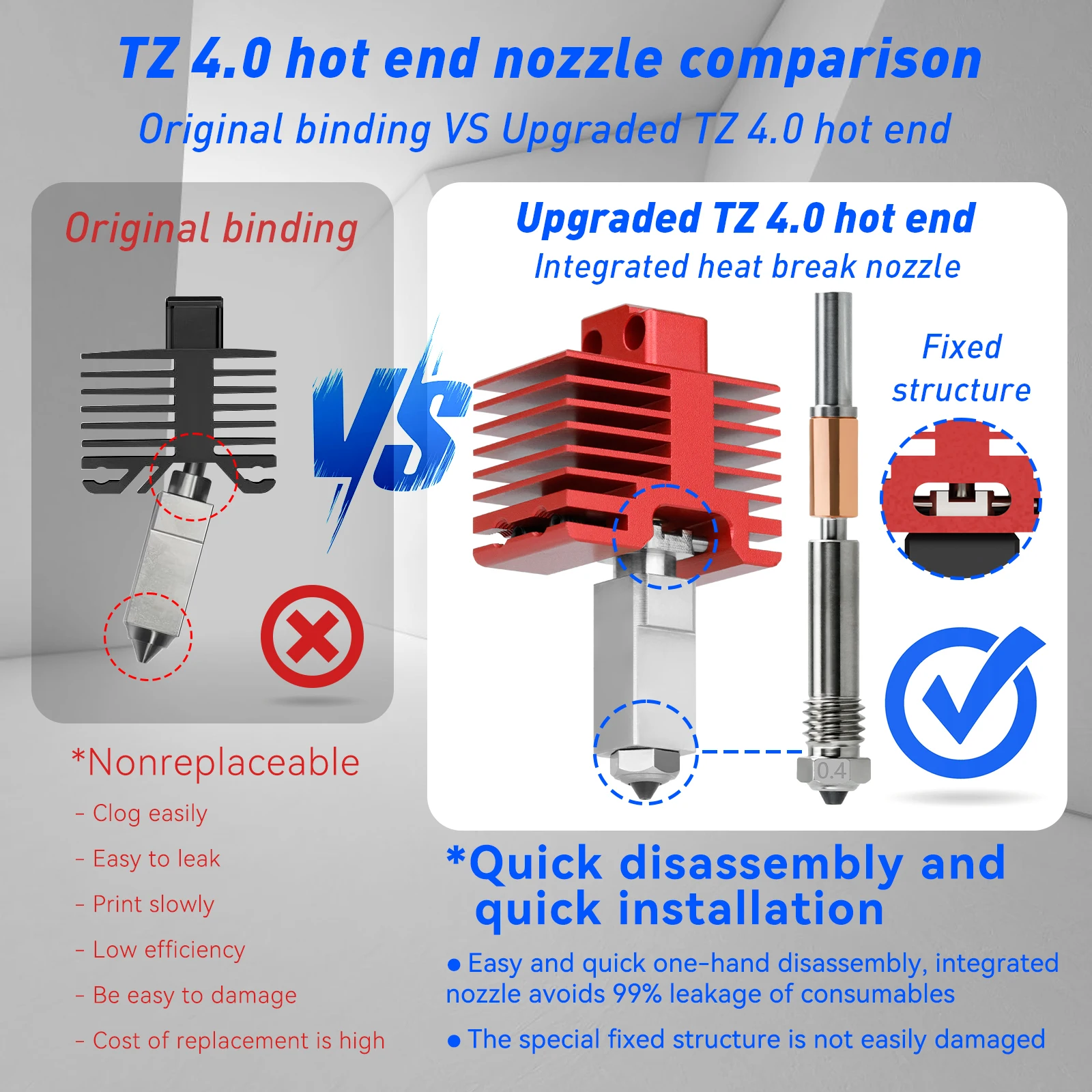Neues Upgrade TZ4.0 Hotend für BambuLab P1S P1P X1 X1C X1E Einteilige Düse aus gehärtetem Stahl Hot End Kits 3D-Drucker-Zubehör – Detail 2