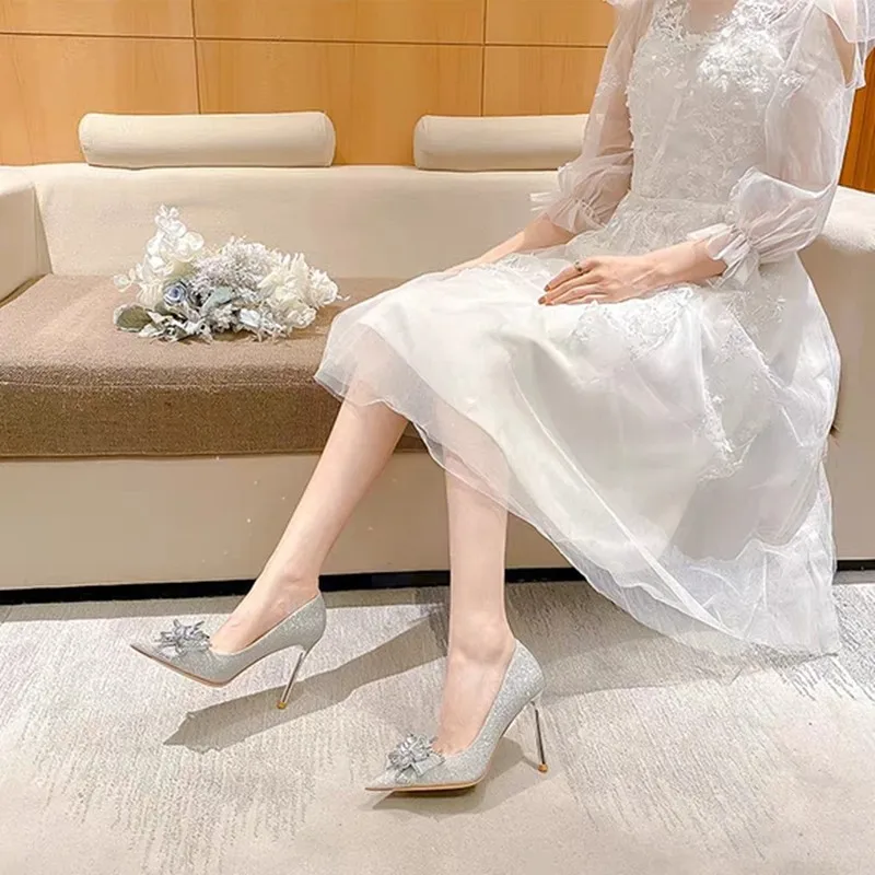 Silver Crystal Wedding Shoes Female 2023 New Shiny Wedding Bride High Heels Wedding Fine Heel Adult Ceremony Single Shoes