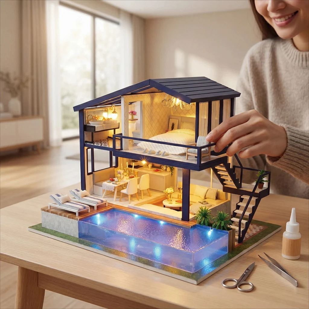 OUZEY Kit modello in legno per casa delle bambole con appartamento temporale fai-da-te, oltre 14 set di costruzione di ville creative, regalo di compleanno educativo per adulti e adolescenti