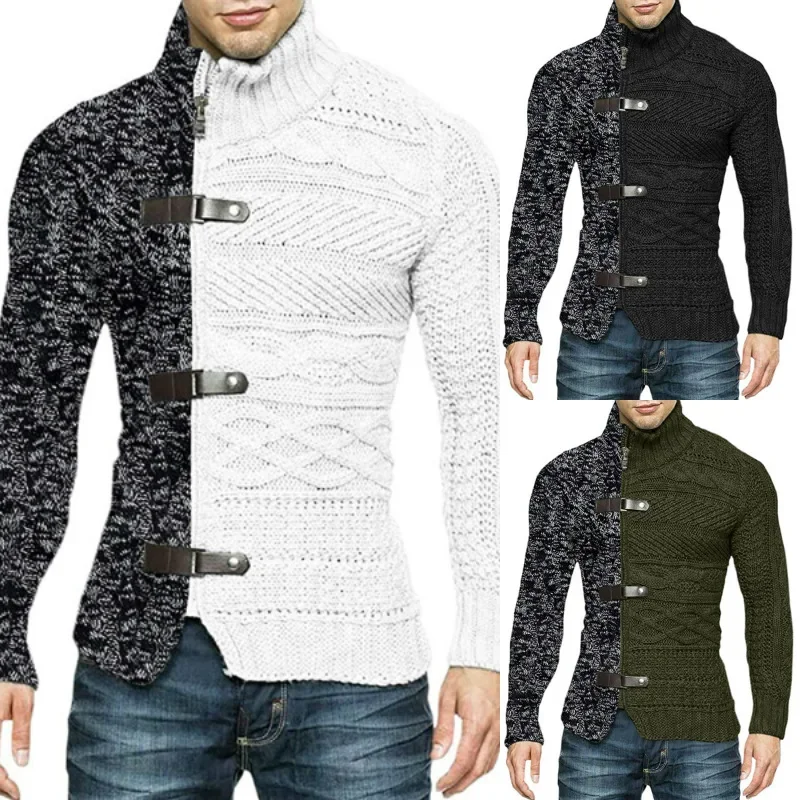 New Style High-neck Sweater for Men, Autumn and Winter Fashion Color-blocking, Leather Button Long-sleeved Knitted Cardigan Coat