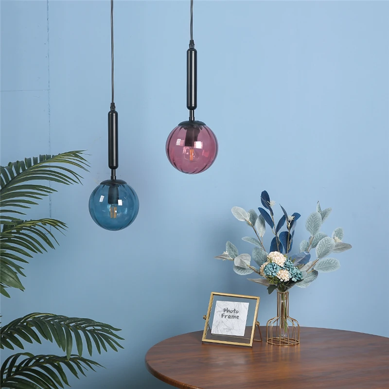 Modern Colour Glass Ball Chandeliers LED Island Pendant Lights Vintage Mirror Bed Bedroom Lamp Living Room Decor Light Fixtures