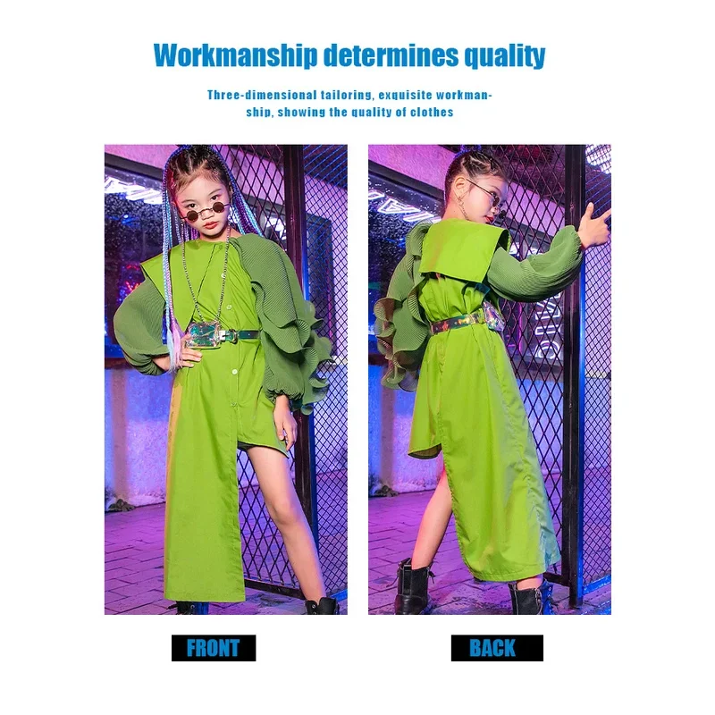 ZZL Modelli per bambini Mostra abiti K-pop Stage Outfit Abito verde Manica a farfalla Autunno Inverno Jazz Hip-hop Performance Wear