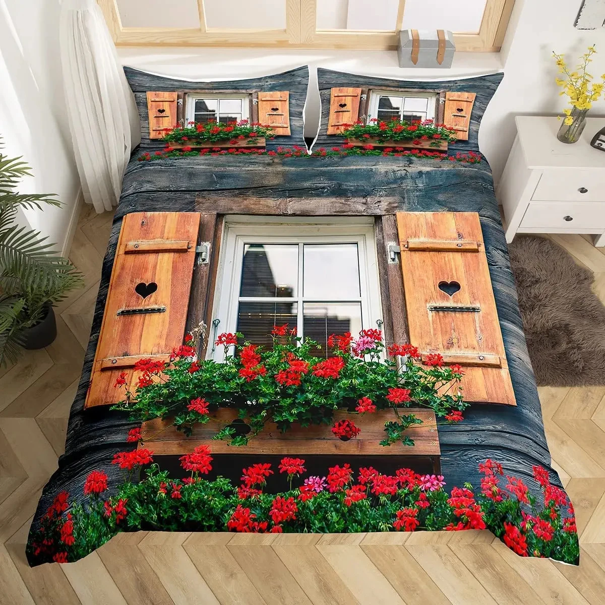 Romantic Town Duvet Cover for Boys Girls Window View Quilt Cover Full King Colorful Flowers Bedding Set Ocean and Sky Bedclothes