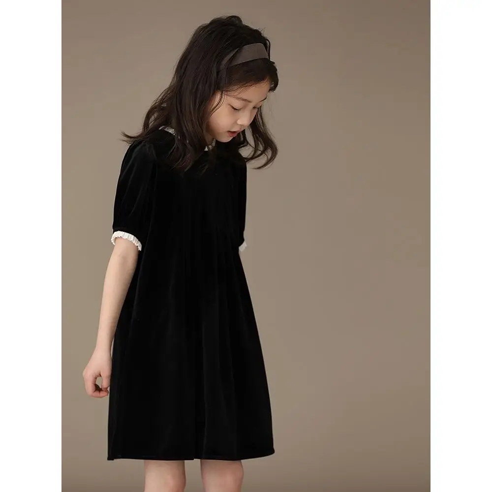 Summer New Children Girls Dress Crewneck Elegant Black Color Pleuche Short-sleeved Princess Dress for 4-12Y Kids