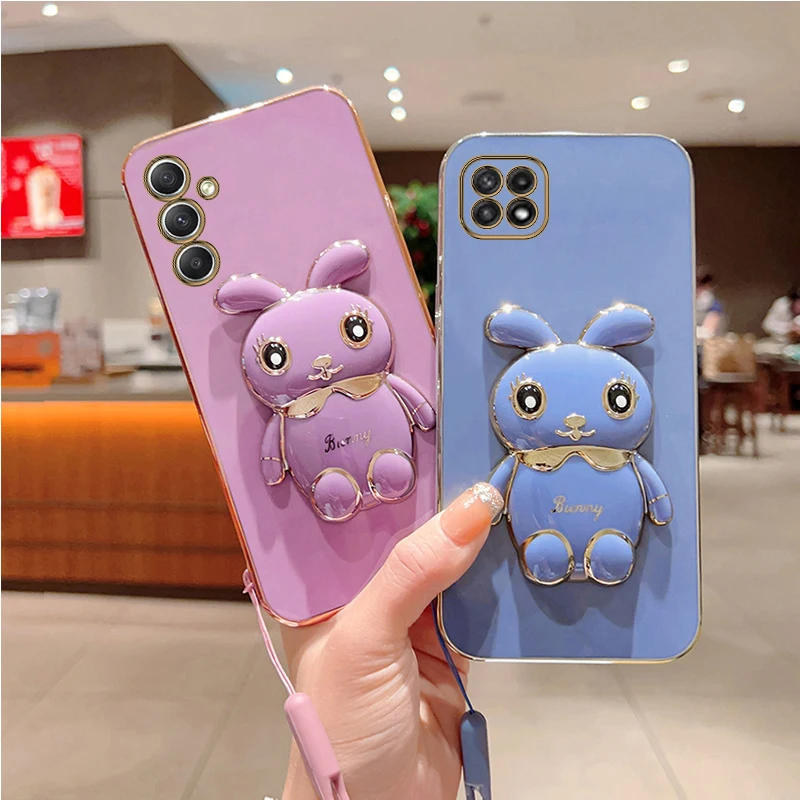 Rabbit Strap Plating Phone Holder Case On For Samsung Galaxy  A05 A05S A14 A54 A04 A34 A24 M14 4G 5G Stand Cover