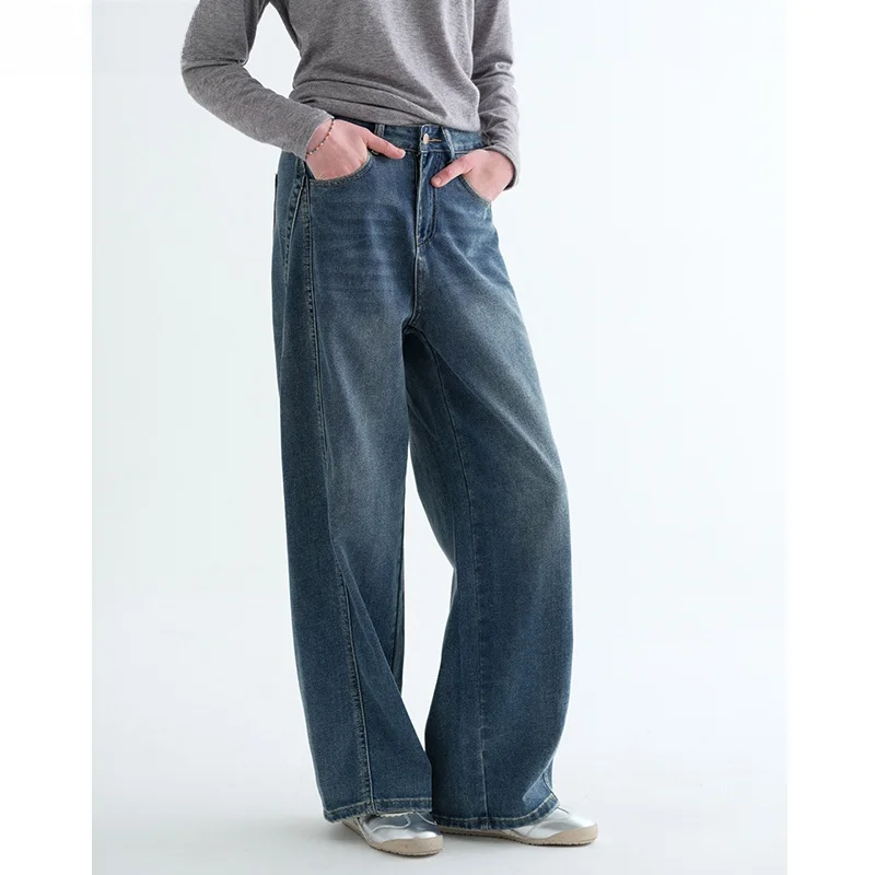 

High Waist Draped Denim Jeans Women's Spring 2026 New Slimming Loose Fit Wide Leg Pants Casual Sle Soft Cotton Zipper