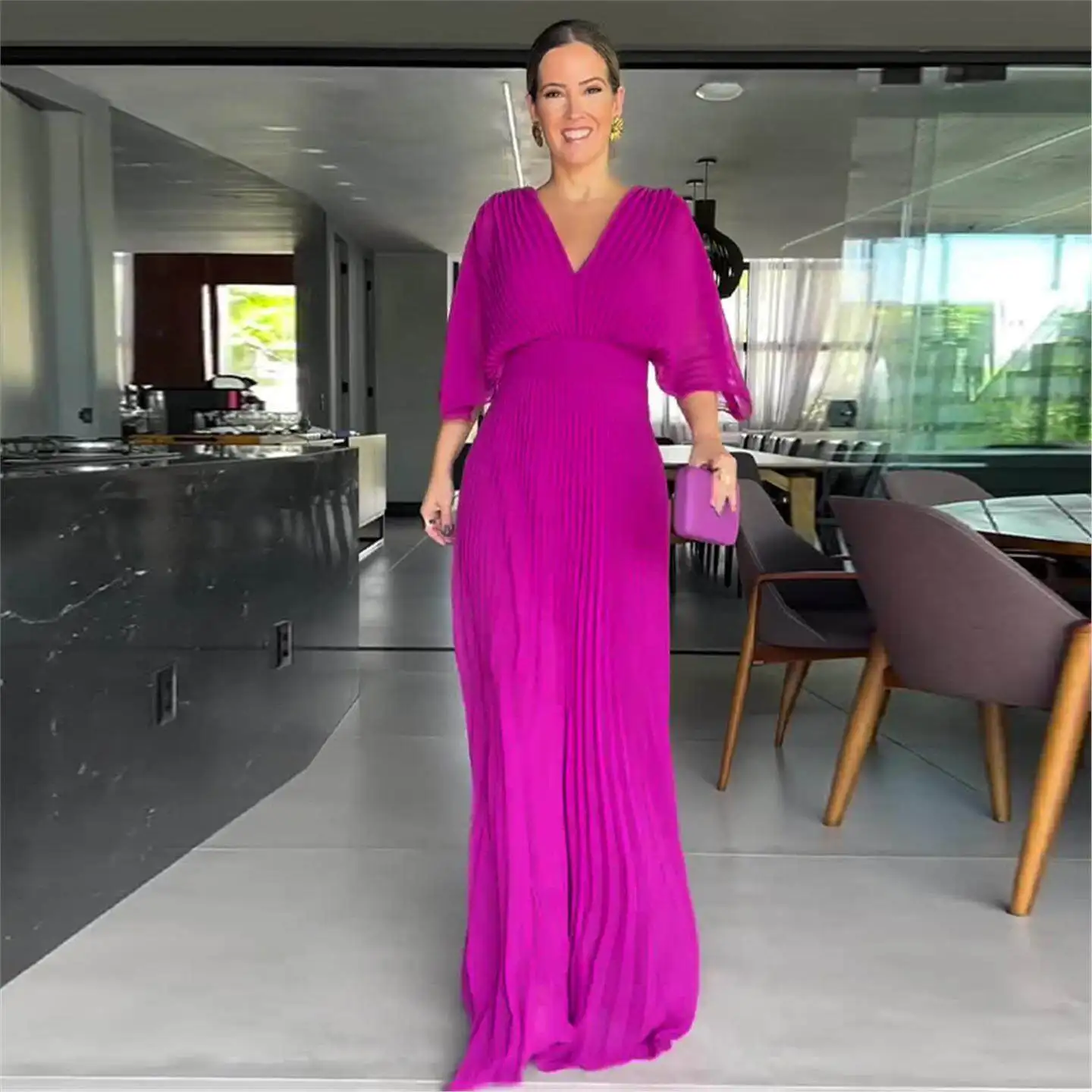 

High Waist V-Neck Batwing Sleeve Pure Color Dress Autumn Cross-Border New Style Casual A-Line Skirt Five-Quarter Length Slim Fit
