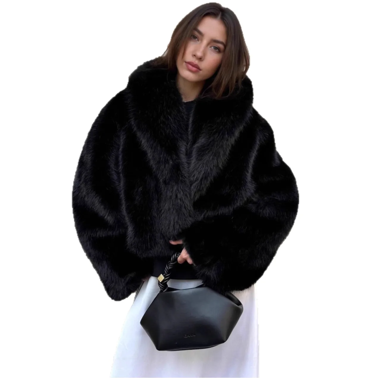 2025 Autumn Winter New Black Lazy Style Turn Down Collar Faux Fur Plush Coat Women Loose Thick Warm Jacket