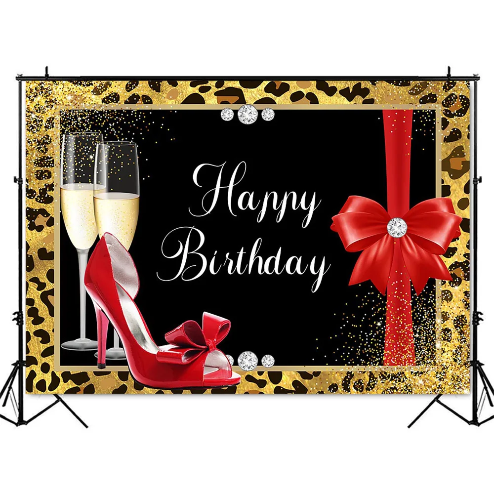 Happy BIrthday Backdrop Leopard Texture Champagne Photo Background Red High Heels and Bow Tie Theme Party Decoration Backdrops