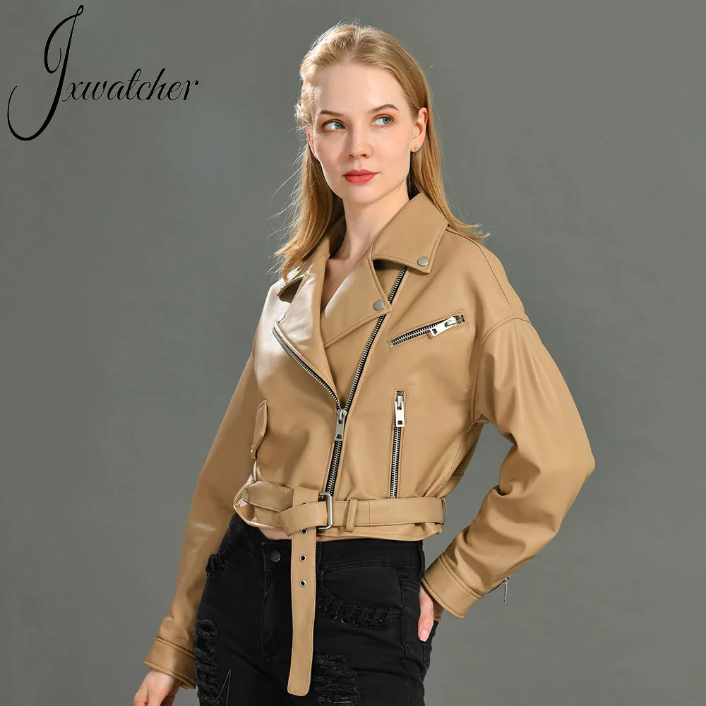 Jxwatcher Womens Moto Biker Zipper Jacket 2026 Spring Fall High-end Sheepskin Coat Fashion Belt Real Leather Jackets New Arrival