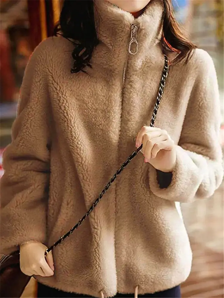 

2024 Women Fleece Sweater Fluffy Sherpa Zipper Cardigan Faux Mink Turtleneck Jacket Both-Sided Fleece Winter Coat