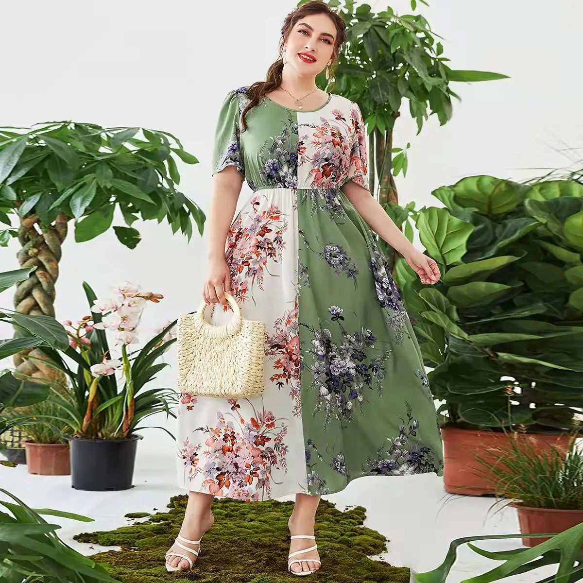 2024 Plus Size Long Dresses Temperament Elegant Pullover Elastic Waist Printed Dresses Women Fashion Casual Color Blocking Dress