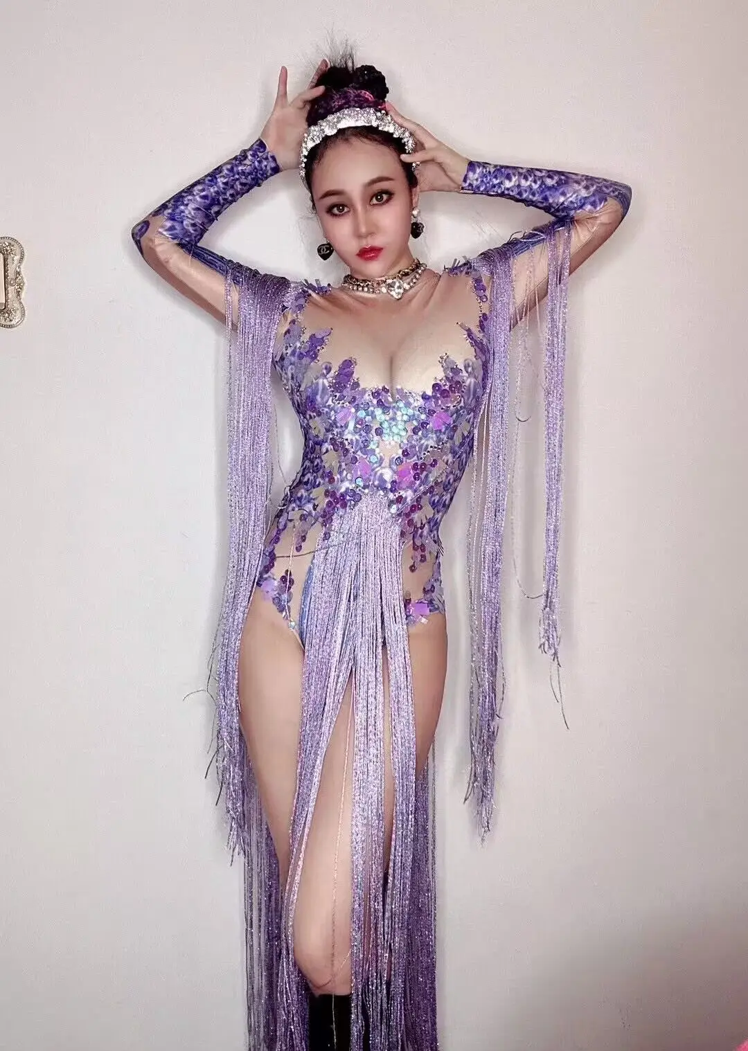 Body morado con diamantes de imitación brillantes y perlas, pelele Sexy para fiesta de noche, celebración de cumpleaños, traje de baile para actuación