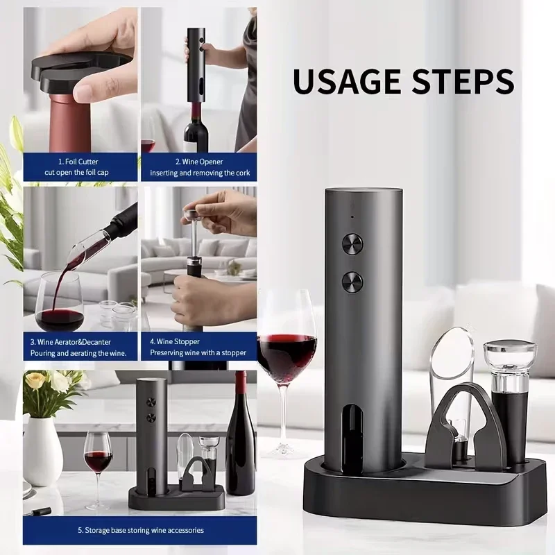 4 In1 Electric Wine Opener USB Rechargeable Wine Corkscrew One-click Button Automatic Bottle Opener For Party Wine Accessories