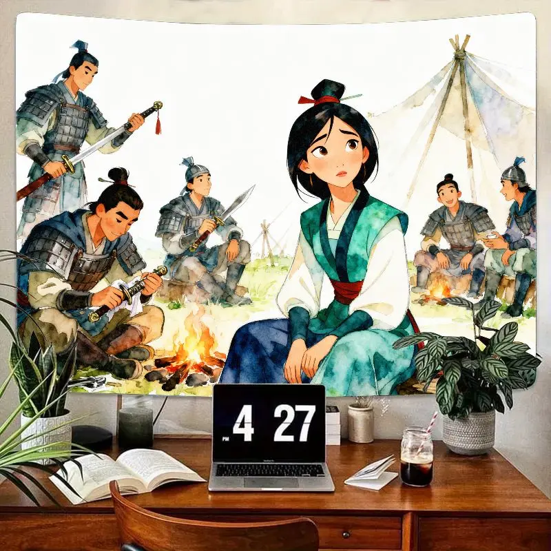 

1PC Mulan Warrior Girl Tapestry Modern Polyester Watercolor Ancient Chinese Camp Wall Art Room Decor Gift for Fans