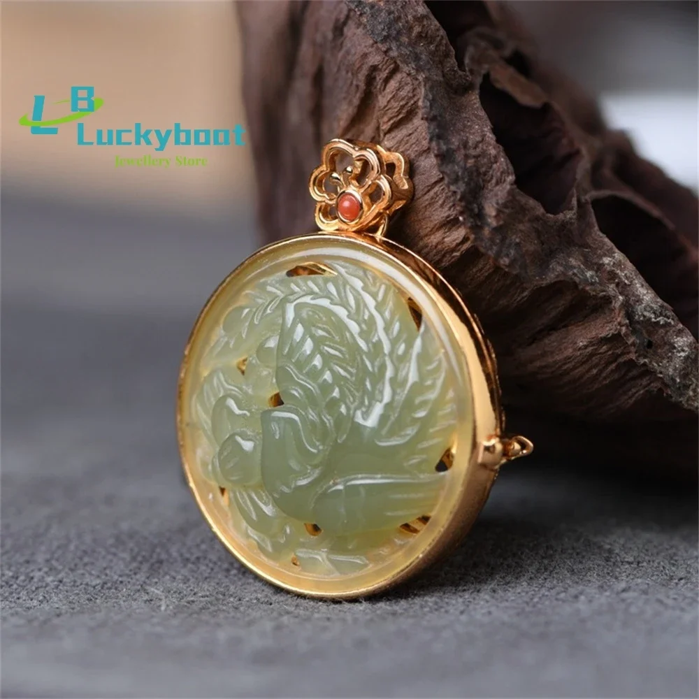 

S925 Silver Gold-plated Hollow Sachet Necklace Wholesale Women's Fashion Phoenix Peony Hetian Jade Pendant