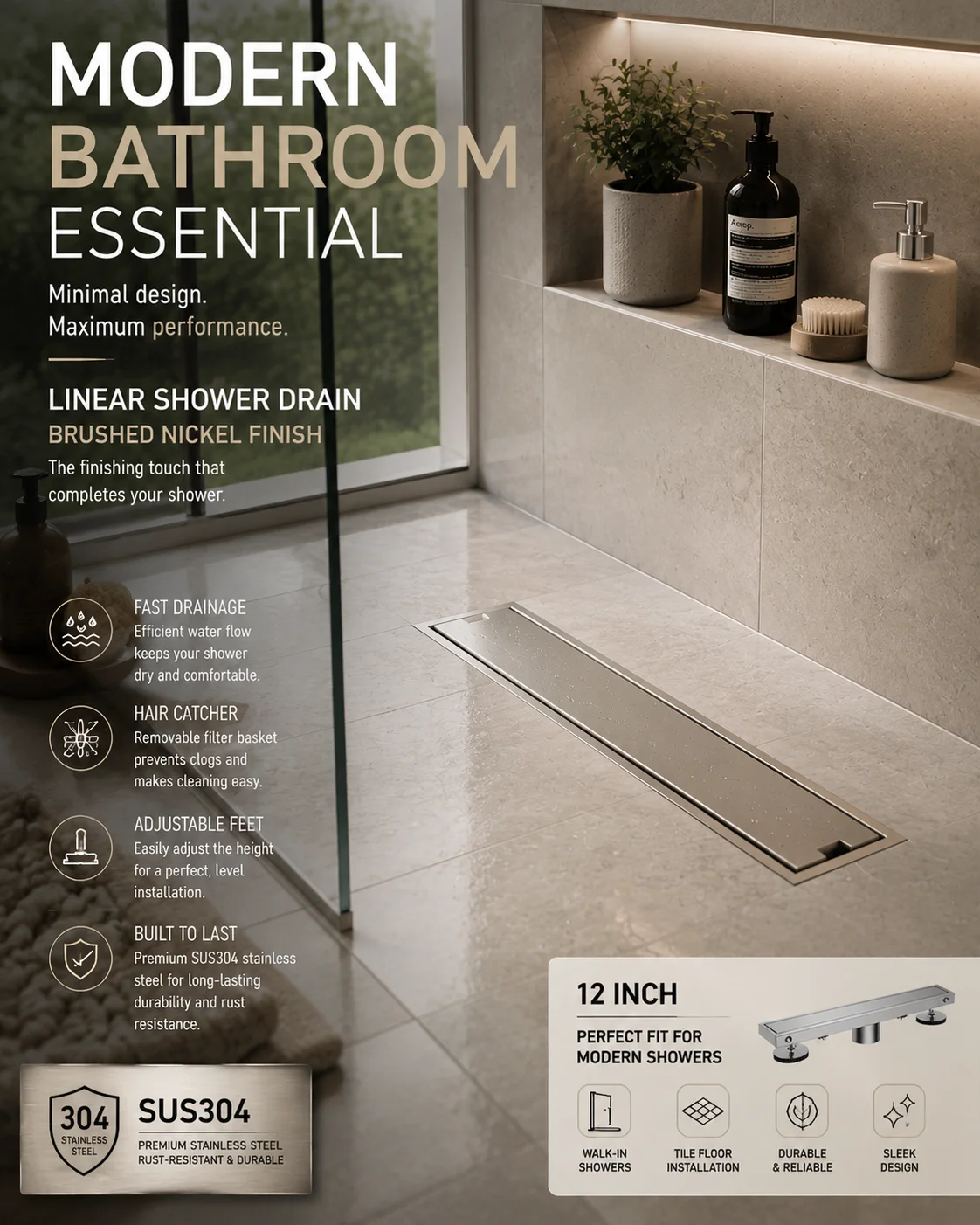 APPASO 12 Inch Linear Shower Drain, Brushed Nickel, 2-in-1 Tile Insert Cover, 304 Stainless Steel, Hair Strainer & Adjustable Feet