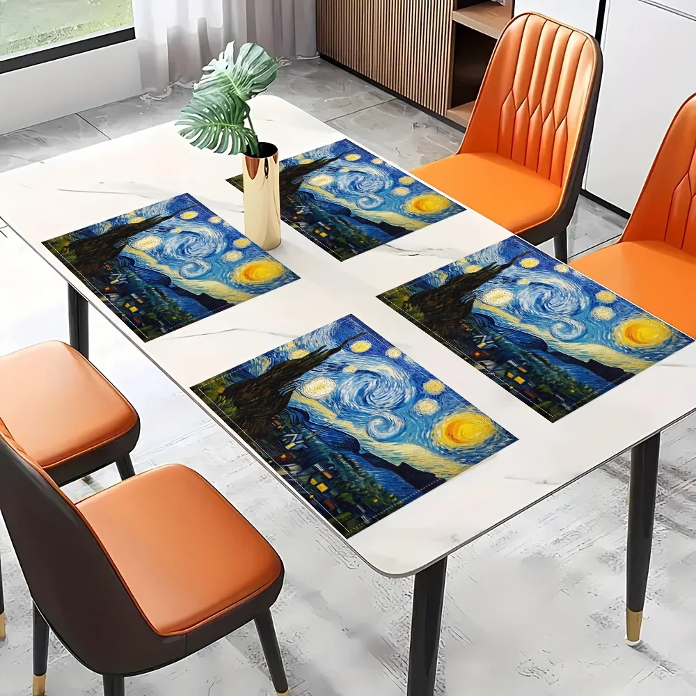 Van Gogh Starry Night Placemats, 12x18 Inch Square Table Mats, Machine Washable, Stylish Print, Suitable for Dining Room