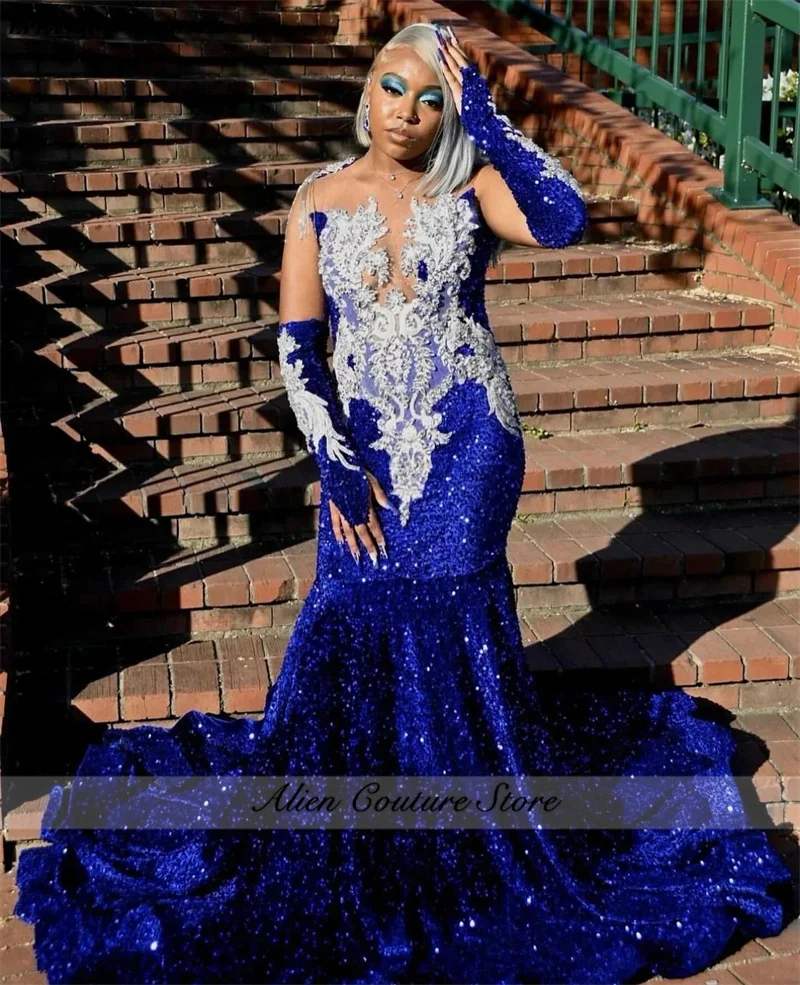 Glitter Royal Blue Mermaid Prom Dress With Gloves Crystal Rhinestones Gems Bead Luxury Birthday Party Gown Customized