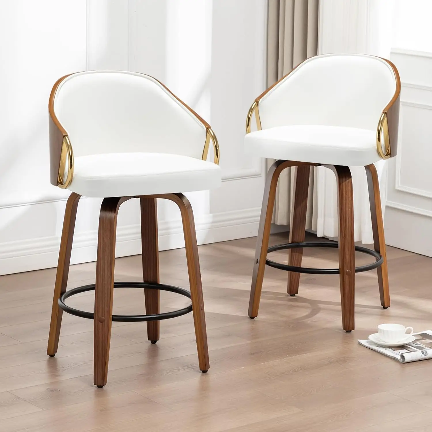 

Набор барных стульев с поворотной столешницей 24,8 дюйма, 2 шт., белые кожаные барные стулья, современные барные стулья середины века с деревом, по индивидуальному заказу